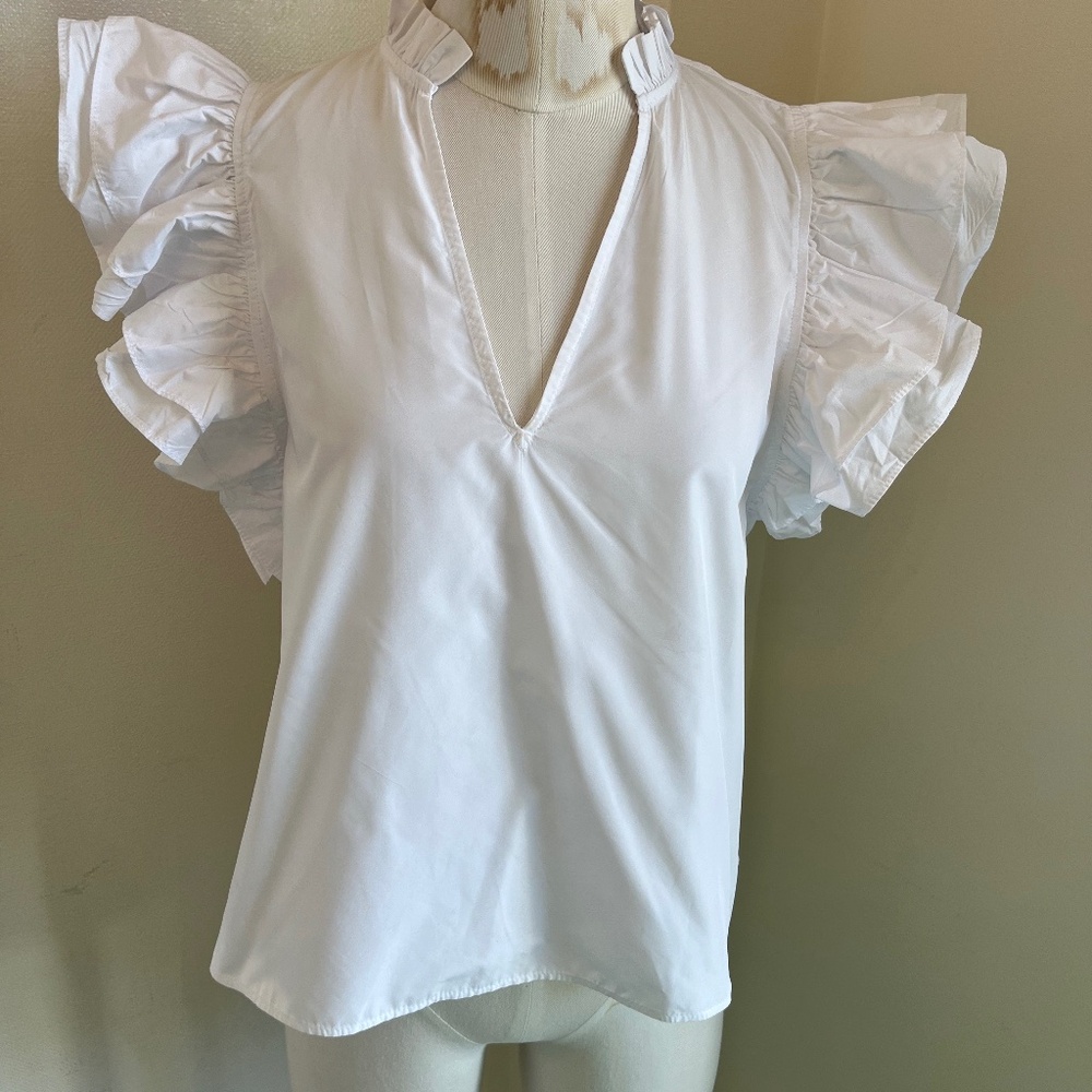 White Lavendar Brown top with sleeve detail, Size S
